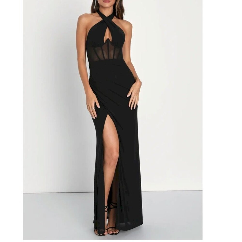 Never-Ending Glamour Black Mesh Cross-Front Halter Maxi Dress Size XS NWOT - Picture 12 of 13